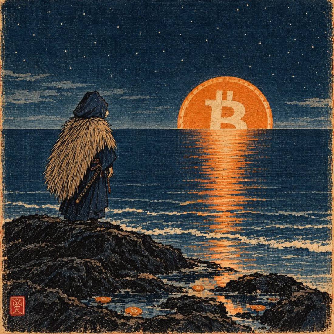 The wanderer watches a Bitcoin moon rise over the sea