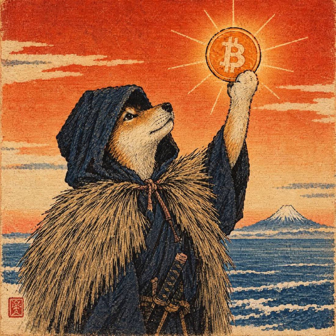 Satoshi Inu raises a Bitcoin coin toward the sky