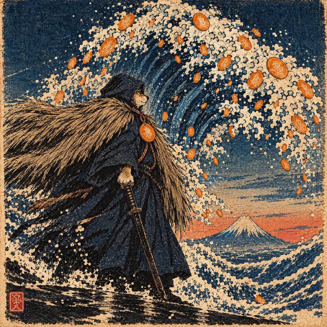 A hooded Shiba warrior faces a wave filled with Bitcoin coins